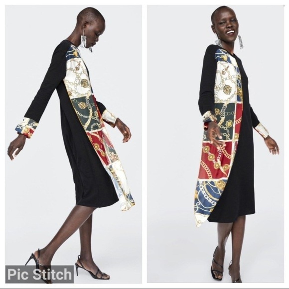 Zara NWT Black Scarf Print Asymmetric Sweatshirt Dress 0264/648/800 Size XL